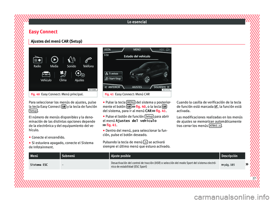 Seat Ateca 2016 Manual del propietario (in Spanish) Lo esencial
Easy Connect Aju s
tes del menú CAR (Setup) Fig. 40
Easy Connect: Menú principal. Fig. 41
Easy Connect: Menú CAR Para seleccionar los menús de ajustes, pulse
l
a t
ecla Easy Connect Seat Ateca 2016 Manual del propietario (in Spanish) Lo esencial
Easy Connect Aju s
tes del menú CAR (Setup) Fig. 40
Easy Connect: Menú principal. Fig. 41
Easy Connect: Menú CAR Para seleccionar los menús de ajustes, pulse
l
a t
ecla Easy Connect