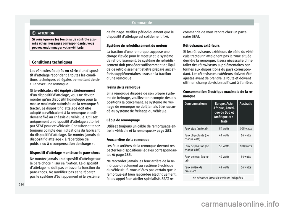 Seat Ateca 2016 Manuel du propriétaire (in French) Commande
ATTENTION
Si vous ignorez les témoins de contrôle allu-
més et
les messages correspondants, vous
pouvez endommager votre véhicule. Conditions techniques
Les véhicules équipés
en sé Seat Ateca 2016 Manuel du propriétaire (in French) Commande
ATTENTION
Si vous ignorez les témoins de contrôle allu-
més et
les messages correspondants, vous
pouvez endommager votre véhicule. Conditions techniques
Les véhicules équipés
en sé