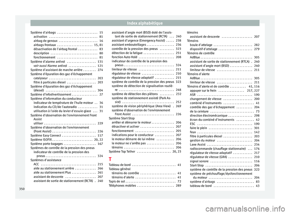 Seat Ateca 2016  Manuel du propriétaire (in French)  Index alphabétique
Système d'airbags  . . . . . . . . . . . . . . . . . . . . . . . . . 15 activ ation
 . . . . . . . . . . . . . . . . . . . . . . . . . . . . . . 81
airbag de genoux  . . . . .
