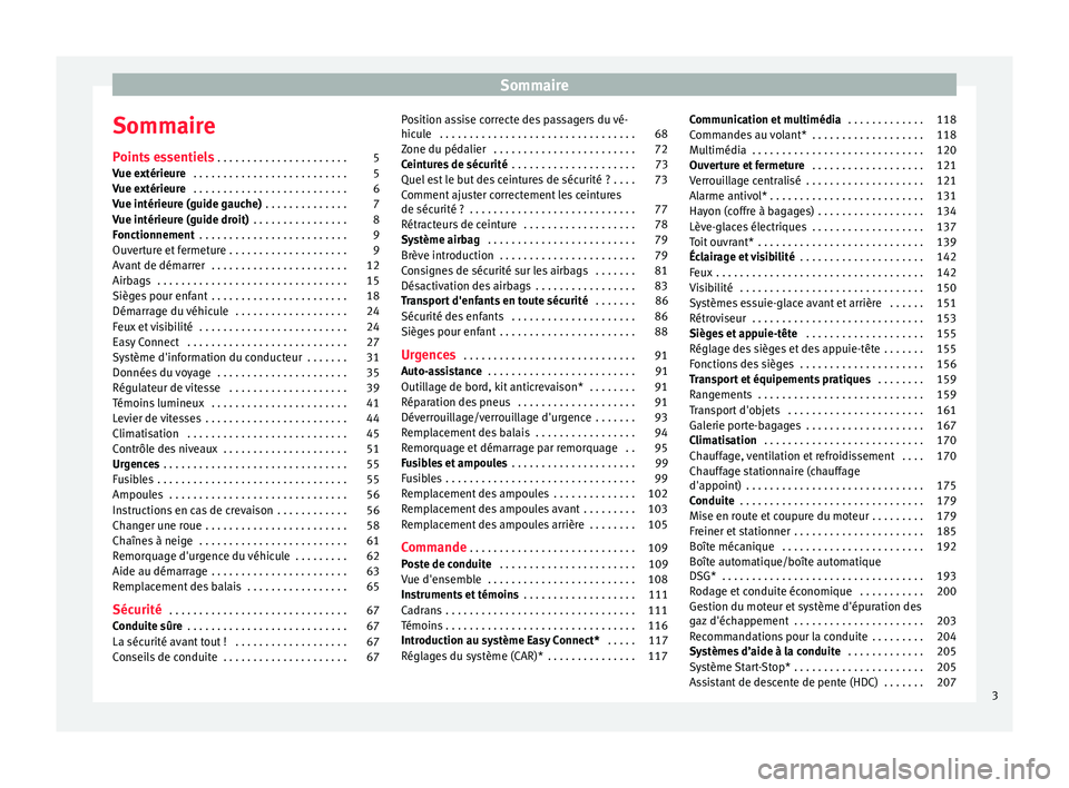 Seat Ateca 2016  Manuel du propriétaire (in French)  Sommaire
Sommaire
P oint
s essentiels  . . . . . . . . . . . . . . . . . . . . . . 5
Vue extérieure  . . . . . . . . . . . . . . . . . . . . . . . . . . 5
Vue extérieure  . . . . . . . . . . . . . .