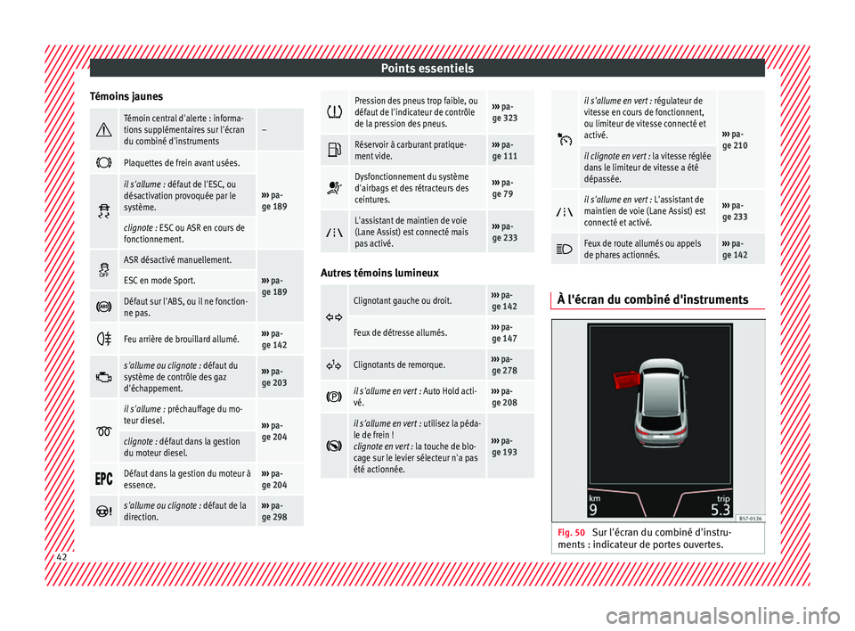 Seat Ateca 2016  Manuel du propriétaire (in French)  Points essentiels
Témoins jaunes Témoin central d'alerte : informa-
tions supplémentaires sur l'écran
du combiné d'instruments– 
Plaquettes de frein avant usées.
››› 
p