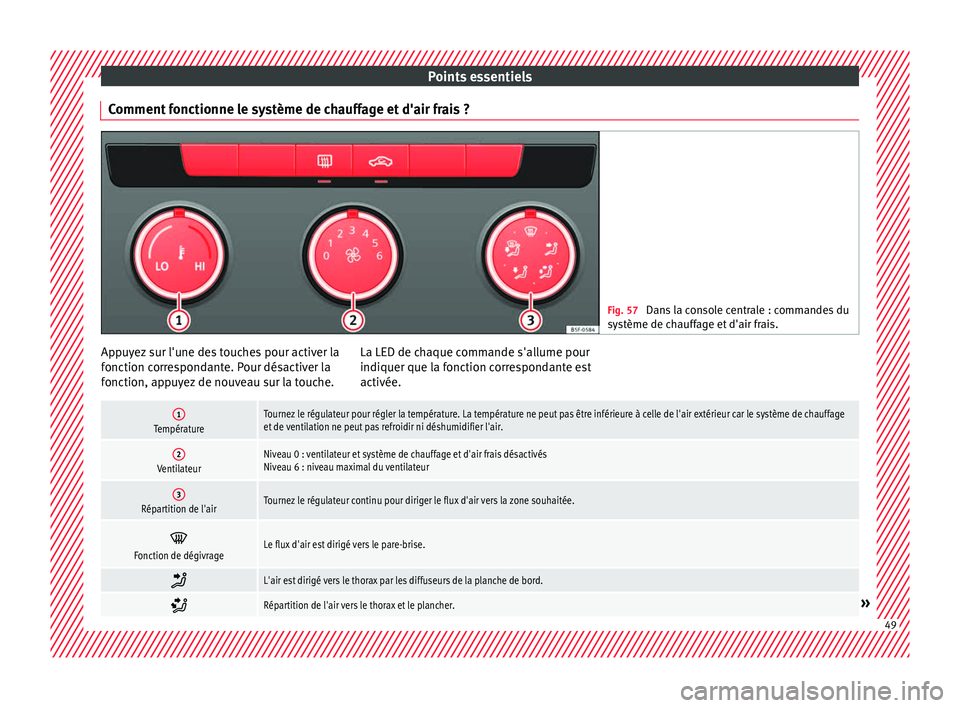 Seat Ateca 2016 Manuel du propriétaire (in French) Points essentiels
Comment fonctionne le système de chauffage et d'air frais ? Fig. 57
Dans la console centrale : commandes du
sy s
tème de chauffage et d'air frais. Appuyez sur l'une de Seat Ateca 2016 Manuel du propriétaire (in French) Points essentiels
Comment fonctionne le système de chauffage et d'air frais ? Fig. 57
Dans la console centrale : commandes du
sy s
tème de chauffage et d'air frais. Appuyez sur l'une de