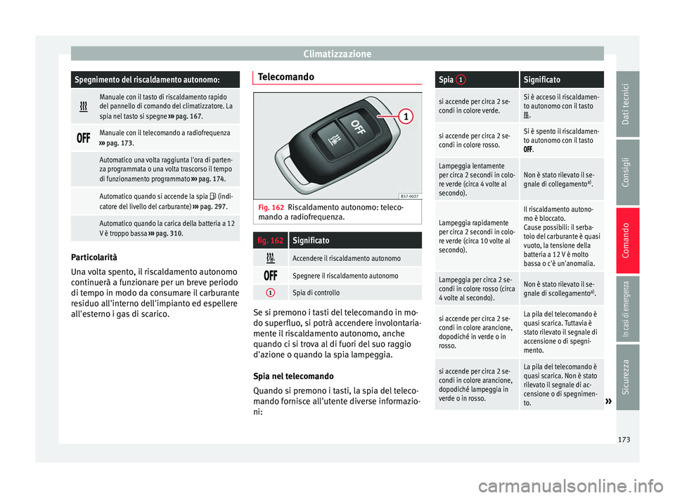 Seat Ateca 2016  Manuale del proprietario (in Italian) ClimatizzazioneSpegnimento del riscaldamento autonomo:

Manuale con il tasto di riscaldamento rapido
del pannello di comando del climatizzatore. La
spia nel tasto si spegne 
››› pag. 167. 