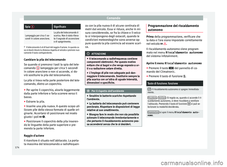 Seat Ateca 2016  Manuale del proprietario (in Italian) ComandoSpia 
1Significato
Lampeggia per circa 5 se-
condi in colore arancione.La pila del telecomando è
scarica. Non è stato rileva-
to il segnale di accensione
o di spegnimento.
a) Il telecomando 
