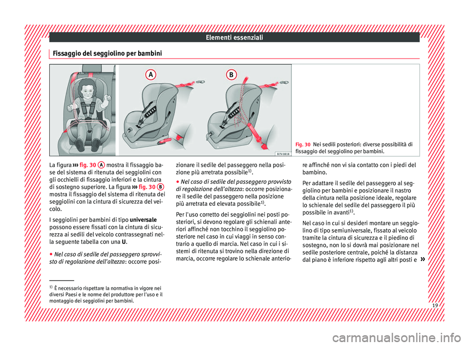 Seat Ateca 2016  Manuale del proprietario (in Italian) Elementi essenziali
Fissaggio del seggiolino per bambini Fig. 30
Nei sedili posteriori: diverse possibilità di
fi s
saggio del seggiolino per bambini. La figura 
››› 
fig. 30
  A  mostra il fis