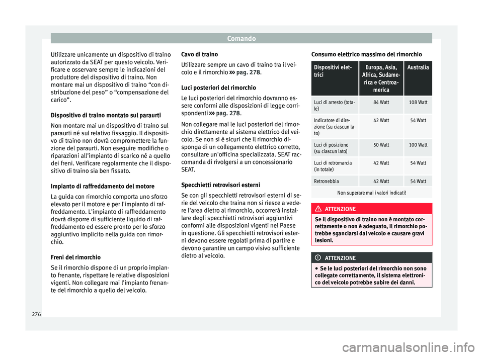 Seat Ateca 2016 Manuale del proprietario (in Italian) Comando
Utilizzare unicamente un dispositivo di traino
aut orizz
ato da SEAT per questo veicolo. Veri-
ficare e osservare sempre le indicazioni del
produttore del dispositivo di traino. Non
montare ma Seat Ateca 2016 Manuale del proprietario (in Italian) Comando
Utilizzare unicamente un dispositivo di traino
aut orizz
ato da SEAT per questo veicolo. Veri-
ficare e osservare sempre le indicazioni del
produttore del dispositivo di traino. Non
montare ma