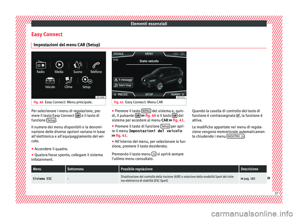 Seat Ateca 2016  Manuale del proprietario (in Italian) Elementi essenziali
Easy Connect Impo s
tazioni del menu CAR (Setup) Fig. 40
Easy Connect: Menu principale. Fig. 41
Easy Connect: Menu CAR Per selezionare i menu di regolazione, pre-
mer
e i

l tasto 