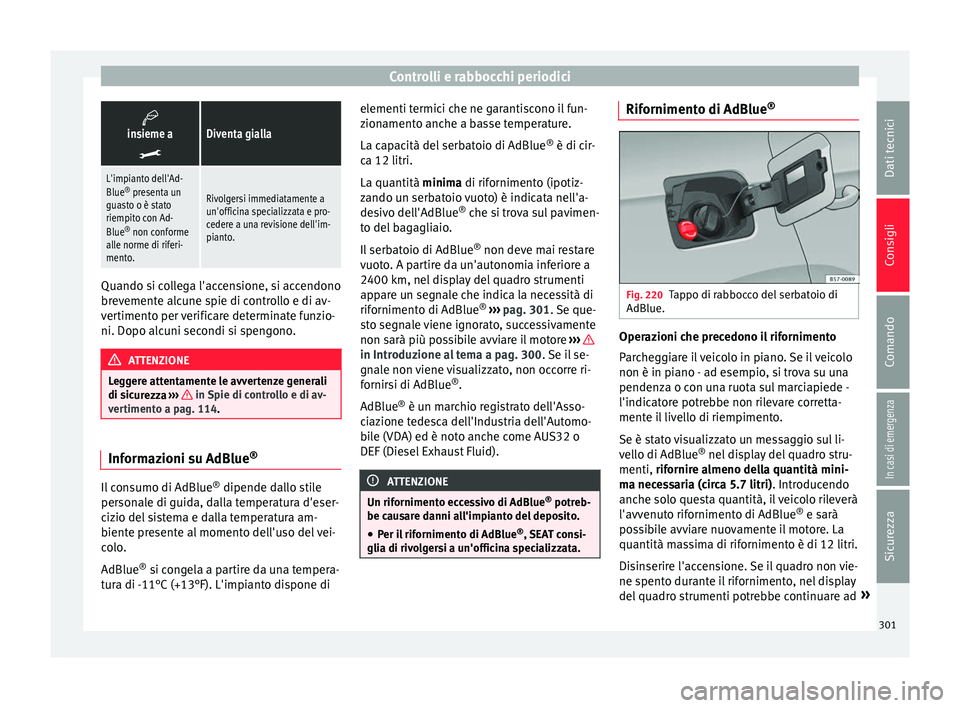 Seat Ateca 2016  Manuale del proprietario (in Italian) Controlli e rabbocchi periodici
insieme a

Diventa gialla
L'impianto dell'Ad-
Blue
®
 presenta un
guasto o è stato
riempito con Ad-
Blue ®
 non conforme
alle norme di riferi-
mento.
R