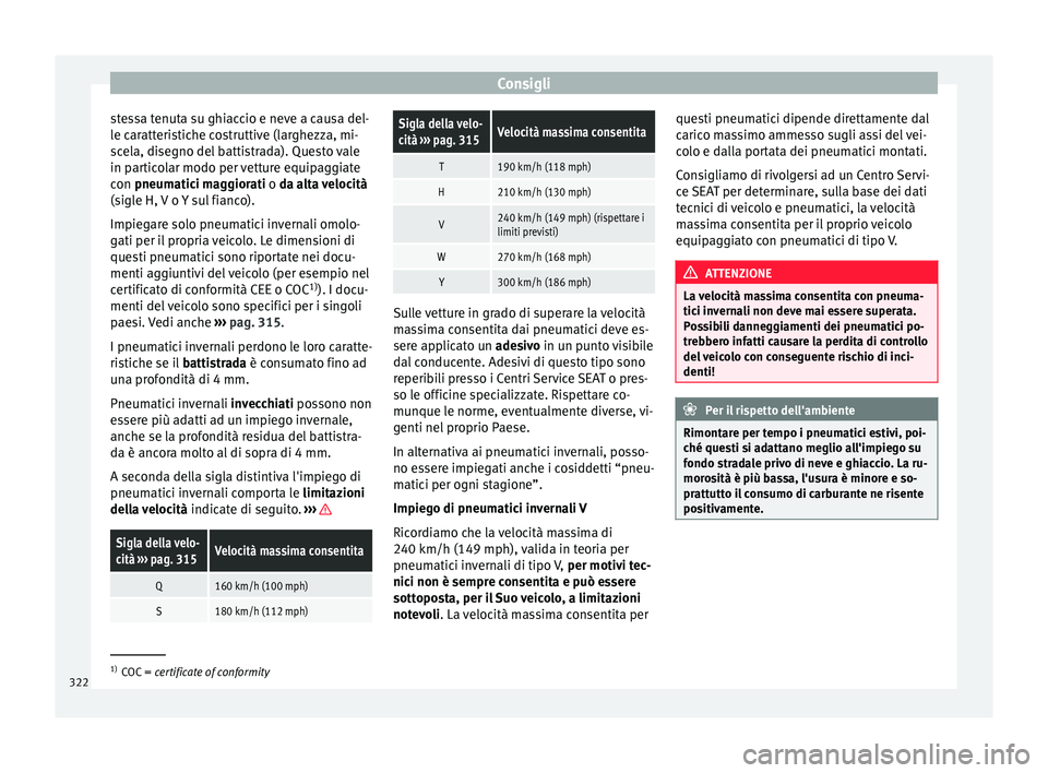 Seat Ateca 2016  Manuale del proprietario (in Italian) Consigli
stessa tenuta su ghiaccio e neve a causa del-
l e c
aratteristiche costruttive (larghezza, mi-
scela, disegno del battistrada). Questo vale
in particolar modo per vetture equipaggiate
con pne
