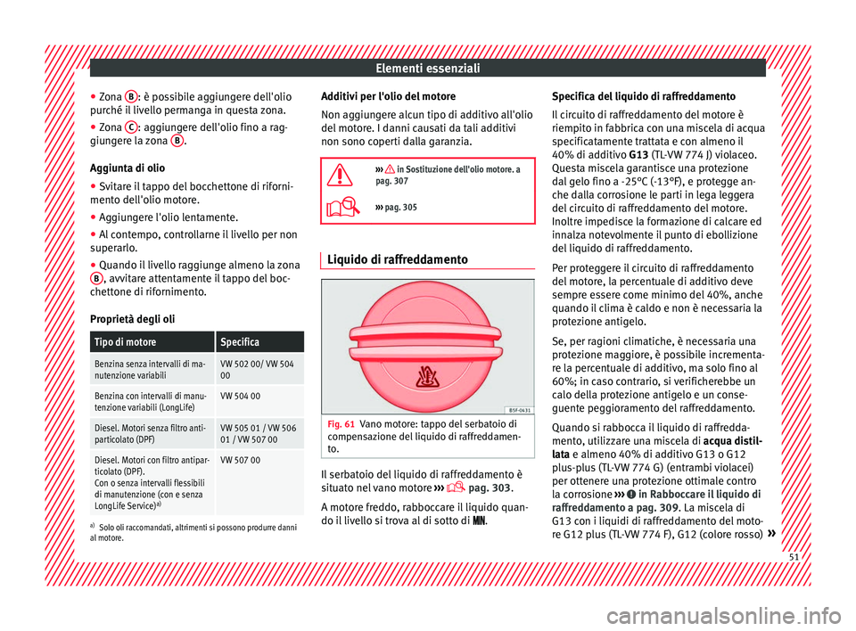 Seat Ateca 2016 Manuale del proprietario (in Italian) Elementi essenziali
● Zon
a B : è possibile aggiungere dell'olio
p ur
ché il livello permanga in questa zona.
● Zona C : aggiungere dell'olio fino a rag-
giu n
gere la zona B .
Ag giu Seat Ateca 2016 Manuale del proprietario (in Italian) Elementi essenziali
● Zon
a B : è possibile aggiungere dell'olio
p ur
ché il livello permanga in questa zona.
● Zona C : aggiungere dell'olio fino a rag-
giu n
gere la zona B .
Ag giu