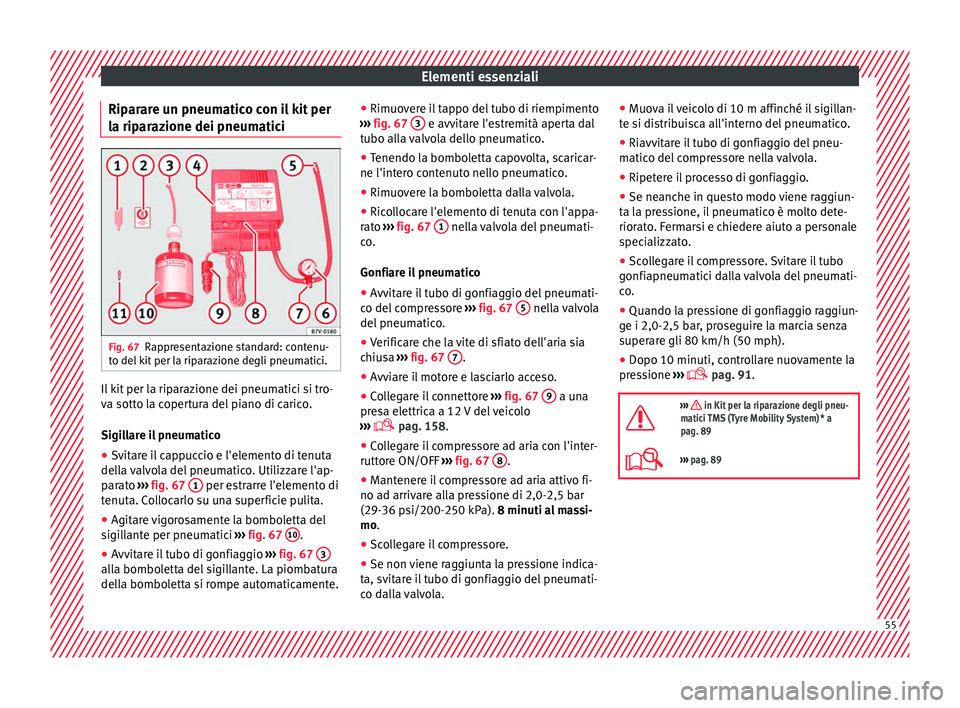 Seat Ateca 2016 Manuale del proprietario (in Italian) Elementi essenziali
Riparare un pneumatico con il kit per
l a rip
arazione dei pneumatici Fig. 67
Rappresentazione standard: contenu-
t o del
kit per la riparazione degli pneumatici. Il kit per la r Seat Ateca 2016 Manuale del proprietario (in Italian) Elementi essenziali
Riparare un pneumatico con il kit per
l a rip
arazione dei pneumatici Fig. 67
Rappresentazione standard: contenu-
t o del
kit per la riparazione degli pneumatici. Il kit per la r