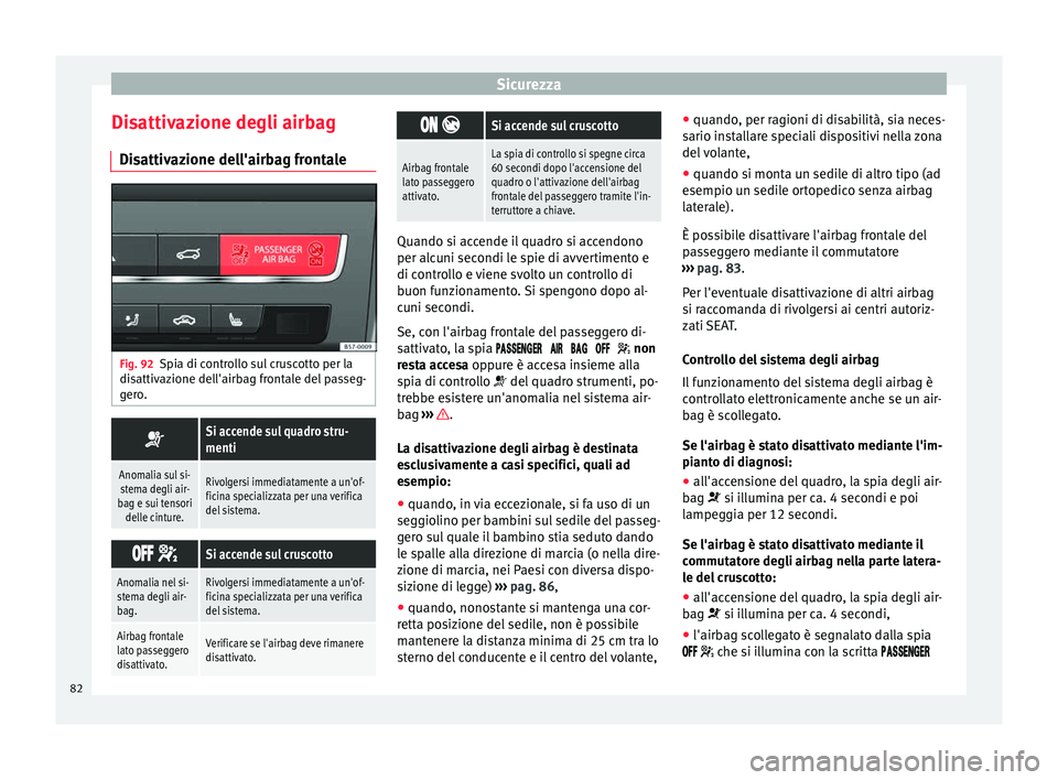 Seat Ateca 2016  Manuale del proprietario (in Italian) Sicurezza
Disattivazione degli airbag Di s
attivazione dell'airbag frontale Fig. 92
Spia di controllo sul cruscotto per la
di s

attivazione dell'airbag frontale del passeg-
gero. 
Si accen