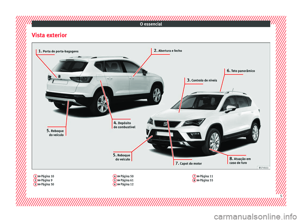 Seat Ateca 2016 Manual do proprietário (in Portuguese) O essencial
Vista exterior1 ››› Página 10
2 ››› Página 9
3 ››› Página 50 4
››› Página 50
5 ››› Página 61
6 ››› Página 12 7
››› Página 1 Seat Ateca 2016 Manual do proprietário (in Portuguese) O essencial
Vista exterior1 ››› Página 10
2 ››› Página 9
3 ››› Página 50 4
››› Página 50
5 ››› Página 61
6 ››› Página 12 7
››› Página 1