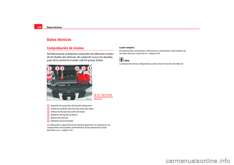 Seat Cordoba 2008 Manual del propietario (in Spanish) Datos técnicos
250Datos técnicosComprobación de nivelesPeriódicamente se deberían co mprobar los diferentes niveles
de los fluidos del vehículo. No confundir nunca los líquidos,
pues de lo co Seat Cordoba 2008 Manual del propietario (in Spanish) Datos técnicos
250Datos técnicosComprobación de nivelesPeriódicamente se deberían co mprobar los diferentes niveles
de los fluidos del vehículo. No confundir nunca los líquidos,
pues de lo co