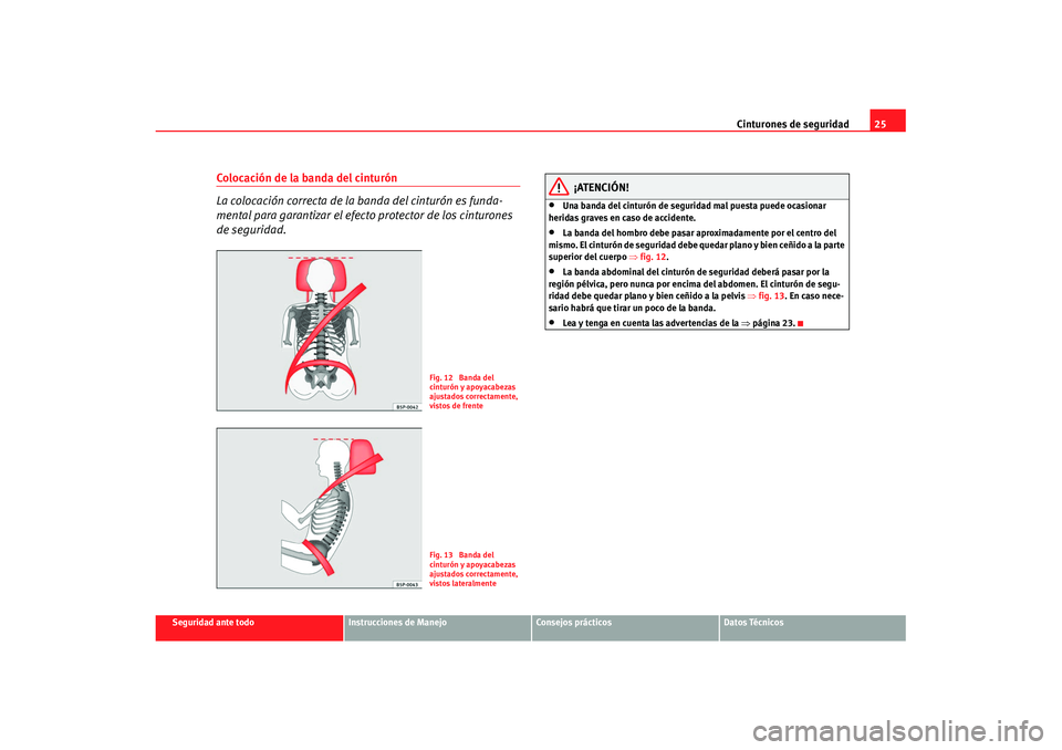 Seat Cordoba 2008  Manual del propietario (in Spanish) Cinturones de seguridad25
Seguridad ante todo
Instrucciones de Manejo
Consejos prácticos
Datos Técnicos
Colocación de la banda del cinturón
La colocación correcta de la banda del cinturón es fun