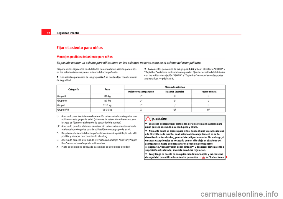 Seat Cordoba 2008 Manual del propietario (in Spanish) Seguridad infantil
52Fijar el asiento para niñosMontajes posibles del asiento para niños
Es posible montar un asiento para ni ños tanto en los asientos traseros como en el asiento del acompañante. Seat Cordoba 2008 Manual del propietario (in Spanish) Seguridad infantil
52Fijar el asiento para niñosMontajes posibles del asiento para niños
Es posible montar un asiento para ni ños tanto en los asientos traseros como en el asiento del acompañante.