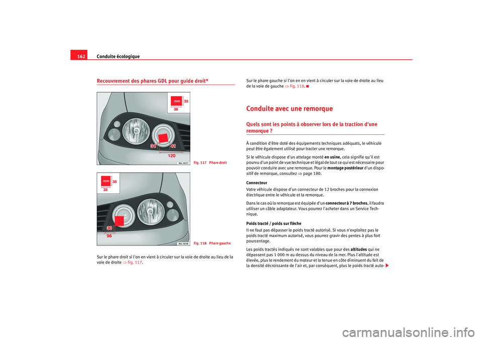 Seat Cordoba 2008  Manuel du propriétaire (in French)  Conduite écologique
162Recouvrement des phares GDL pour guide droit*Sur le phare droit si lon en vient à circule r sur la voie de droite au lieu de la 
voie de droite  ⇒fig. 117 . Sur le phare ga