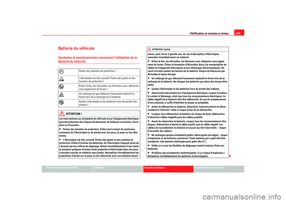 Seat Cordoba 2008 Manuel du propriétaire (in French) Vérification et remises à niveau199
Pour rouler en toute sécurité
Utilisation
Conseils pratiques
Caractéristiques techniques
Batterie du véhiculeSymboles et avertissements concernant lutilisati Seat Cordoba 2008 Manuel du propriétaire (in French) Vérification et remises à niveau199
Pour rouler en toute sécurité
Utilisation
Conseils pratiques
Caractéristiques techniques
Batterie du véhiculeSymboles et avertissements concernant lutilisati