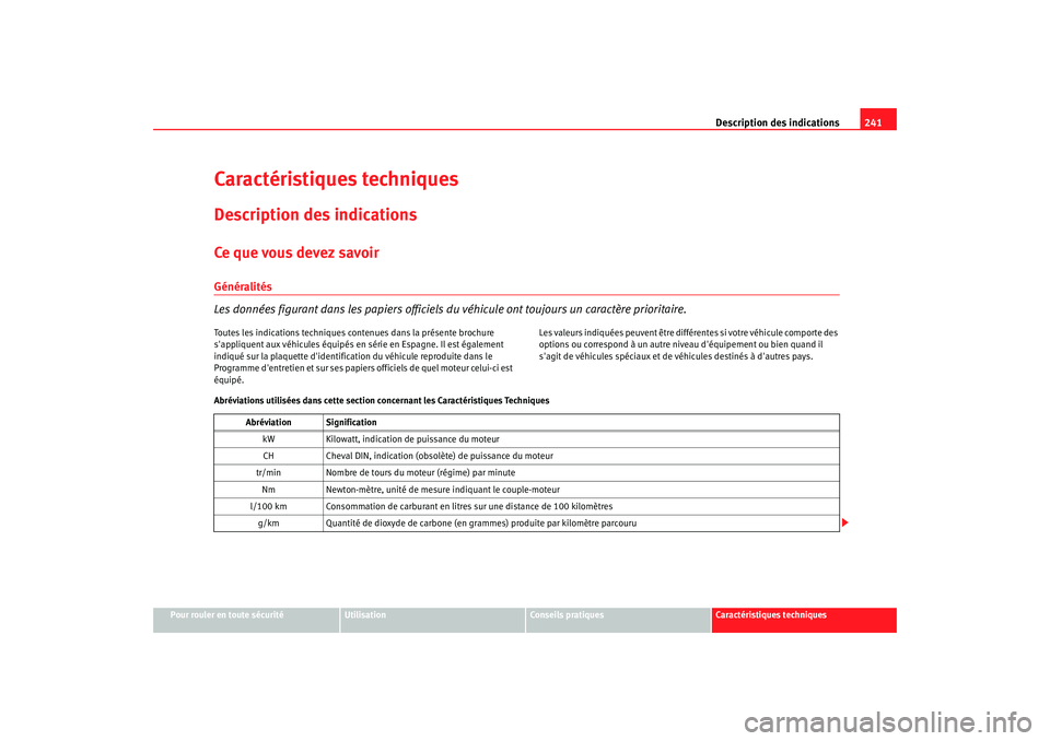 Seat Cordoba 2008 Manuel du propriétaire (in French) Description des indications241
Pour rouler en toute sécurité
Utilisation
Conseils pratiques
Caractéristiques techniques
Caractéristiques techniquesDescription des indicationsCe q u e vo us d evez Seat Cordoba 2008 Manuel du propriétaire (in French) Description des indications241
Pour rouler en toute sécurité
Utilisation
Conseils pratiques
Caractéristiques techniques
Caractéristiques techniquesDescription des indicationsCe q u e vo us d evez