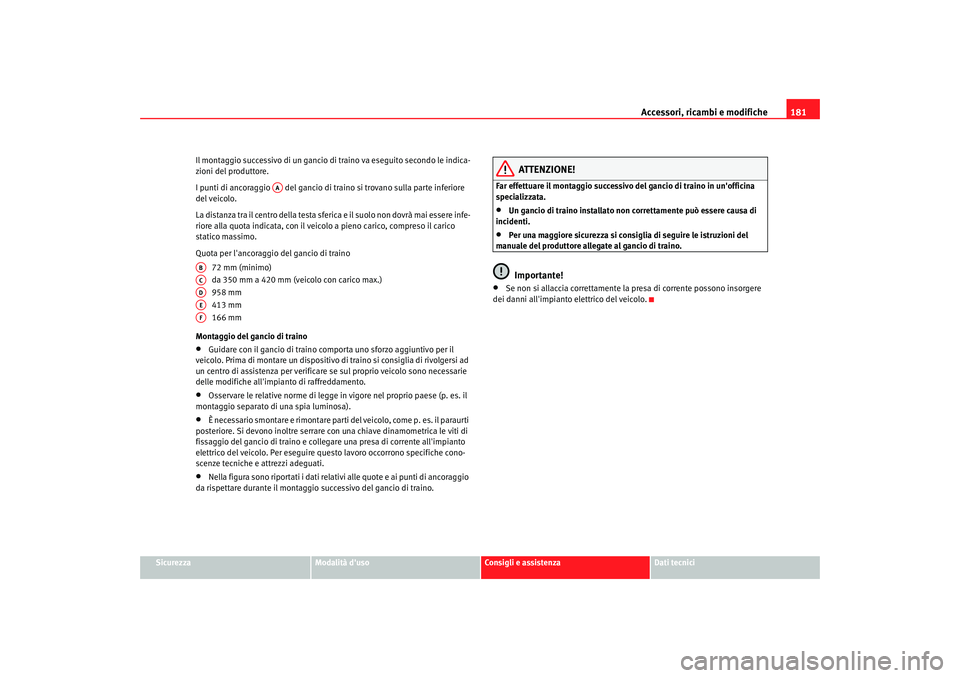 Seat Cordoba 2008 Manuale del proprietario (in Italian) Accessori, ricambi e modifiche181
Sicurezza
Modalità duso
Consigli e assistenza
Dati tecnici
Il montaggio successivo di un gancio di traino va eseguito secondo le indica-
zioni del produttore.
I pun Seat Cordoba 2008 Manuale del proprietario (in Italian) Accessori, ricambi e modifiche181
Sicurezza
Modalità duso
Consigli e assistenza
Dati tecnici
Il montaggio successivo di un gancio di traino va eseguito secondo le indica-
zioni del produttore.
I pun