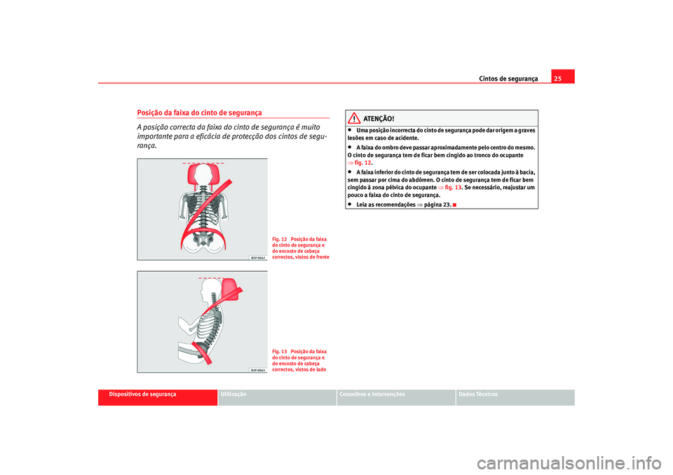 Seat Cordoba 2008  Manual do proprietário (in Portuguese)  Cintos de segurança25
Dispositivos de segurança
Utilização
Conselhos e Intervenções
Dados Técnicos
Posição da faixa do cinto de segurança
A posição correcta da faixa do cinto de segurança
