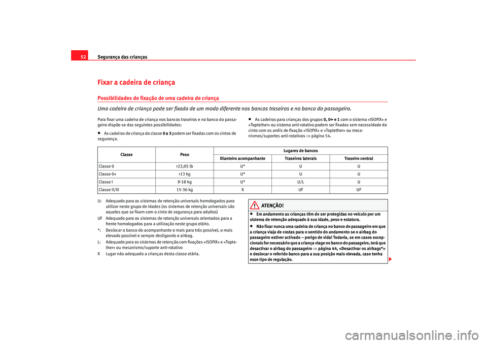 Seat Cordoba 2008 Manual do proprietário (in Portuguese) Segurança das crianças
52Fixar a cadeira de criançaPossibilidades de fixação de uma cadeira de criança
Uma cadeira de criança pode ser fixada de um modo diferente nos bancos traseiros e no banc Seat Cordoba 2008 Manual do proprietário (in Portuguese) Segurança das crianças
52Fixar a cadeira de criançaPossibilidades de fixação de uma cadeira de criança
Uma cadeira de criança pode ser fixada de um modo diferente nos bancos traseiros e no banc