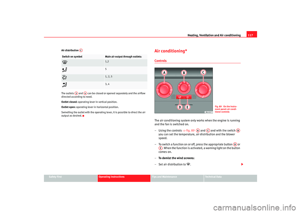 Seat Cordoba 2007  Owners Manual Heating, Ventilation and Air conditioning 117
Safety First
Operating instructions
Tips and Maintenance
Te c h n i c a l  D a t a
Air distribution 
The outlets   and   can be closed or 
opened separate