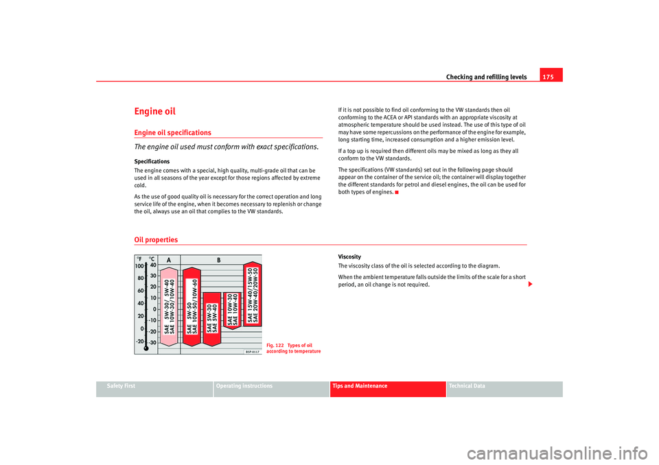 Seat Cordoba 2007  Owners Manual Checking and refilling levels175
Safety First
Operating instructions
Tips and Maintenance
Te c h n i c a l  D a t a
Engine oilEngine oil specifications
The engine oil used must conform with exact spec