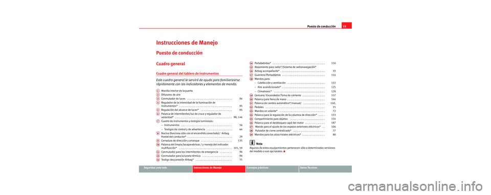 Seat Cordoba 2007  Manual del propietario (in Spanish) Puesto de conducción55
Seguridad ante todoInstrucciones de ManejoConsejos prácticosDatos Técnicos
Instrucciones de Manejo
Puesto de conducción
Cuadro general
Cuadro general del tablero de instrume