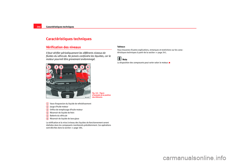 Seat Cordoba 2007 Manuel du propriétaire (in French) Caractéristiques techniques
246Caractéristiques techniquesVérification des niveauxIl faut vérifier périodiquement les différents niveaux de
fluides du véhicule. Ne jamais confondre les liquid Seat Cordoba 2007 Manuel du propriétaire (in French) Caractéristiques techniques
246Caractéristiques techniquesVérification des niveauxIl faut vérifier périodiquement les différents niveaux de
fluides du véhicule. Ne jamais confondre les liquid