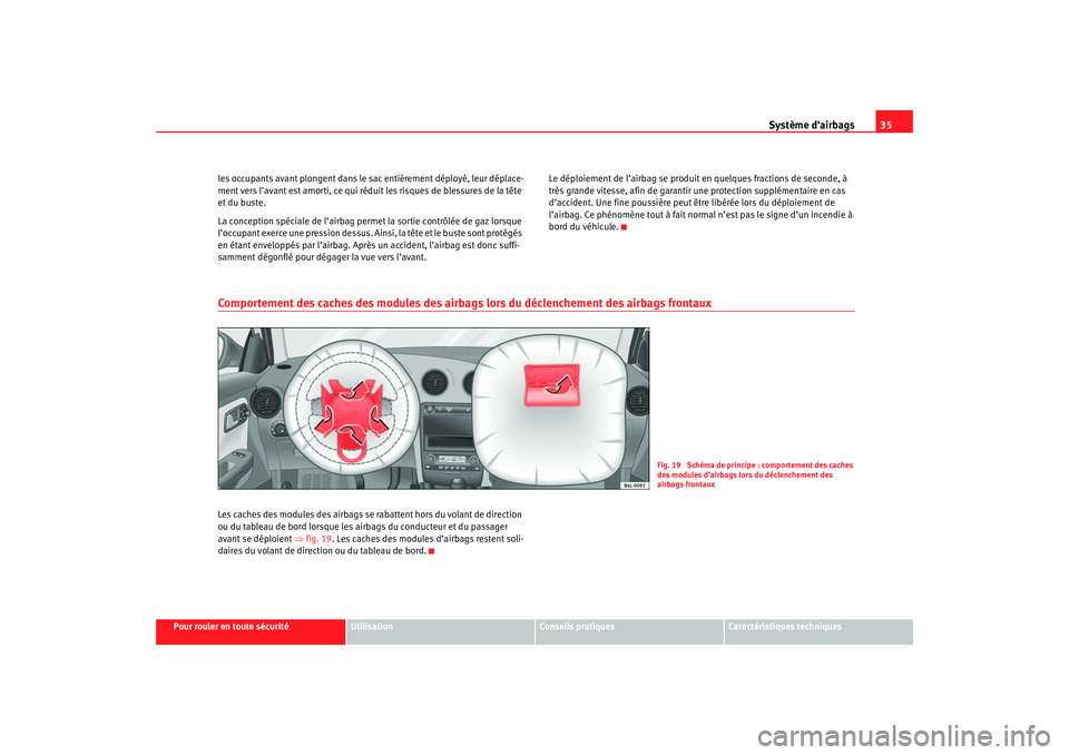 Seat Cordoba 2007 Manuel du propriétaire (in French) Système d’airbags35
Pour rouler en toute sécurité
Utilisation
Conseils pratiques
Caractéristiques techniques
les occupants avant plongent dans le sac entièrement déployé, leur déplace-
ment Seat Cordoba 2007 Manuel du propriétaire (in French) Système d’airbags35
Pour rouler en toute sécurité
Utilisation
Conseils pratiques
Caractéristiques techniques
les occupants avant plongent dans le sac entièrement déployé, leur déplace-
ment