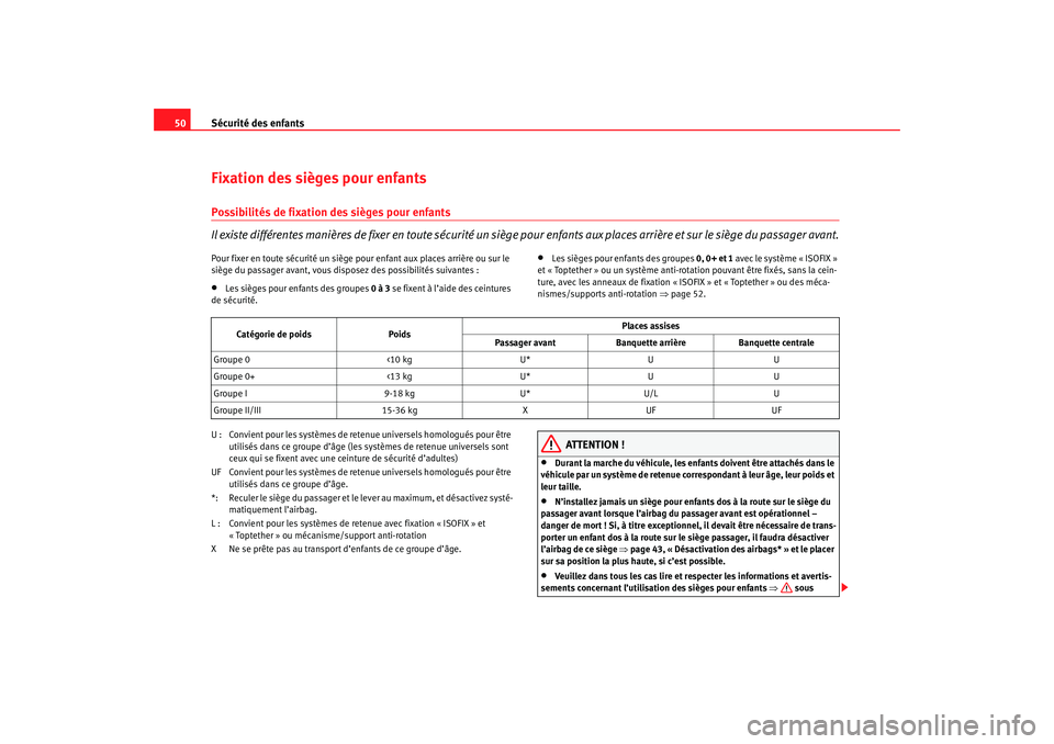 Seat Cordoba 2007  Manuel du propriétaire (in French)  Sécurité des enfants
50Fixation des sièges pour enfantsPossibilités de fixation des sièges pour enfants
Il exi ste différentes mani ères  de fixer en  toute séc uri té u n si ège pour enfant