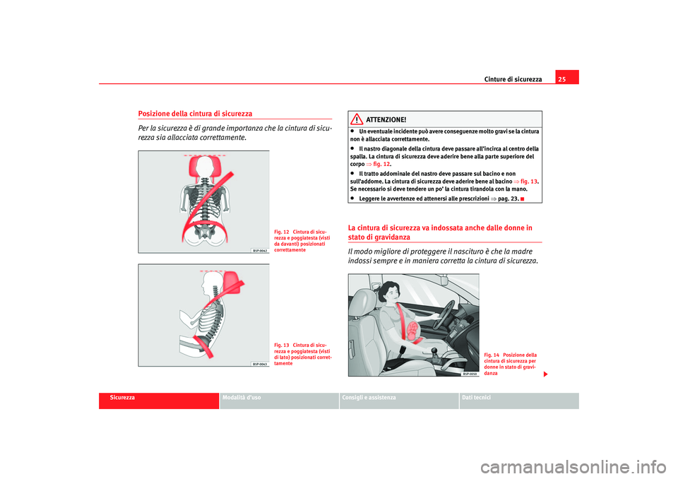 Seat Cordoba 2007  Manuale del proprietario (in Italian) Cinture di sicurezza25
Sicurezza
Modalità d’uso
Consigli e assistenza
Dati tecnici
Posizione della cintura di sicurezza
Per la sicurezza è di grande impo rtanza che la cintura di sicu-
rezza sia a
