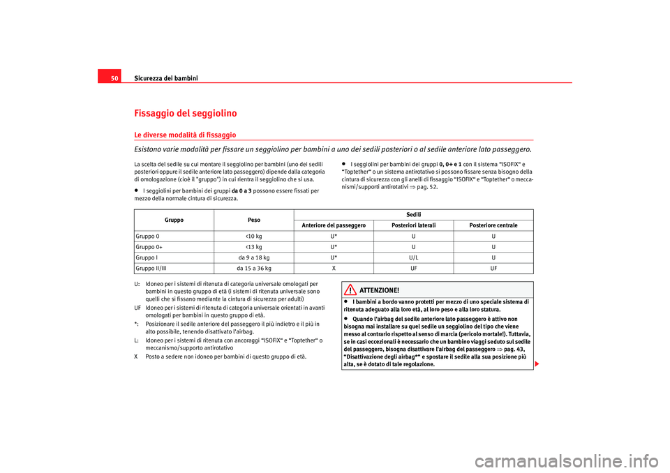 Seat Cordoba 2007  Manuale del proprietario (in Italian) Sicurezza dei bambini
50Fissaggio del seggiolinoLe diverse modalità di fissaggio
Esistono varie modalità per fissare un seggiolino per bambini a  uno dei sedili posteriori o al sedile anteriore lato