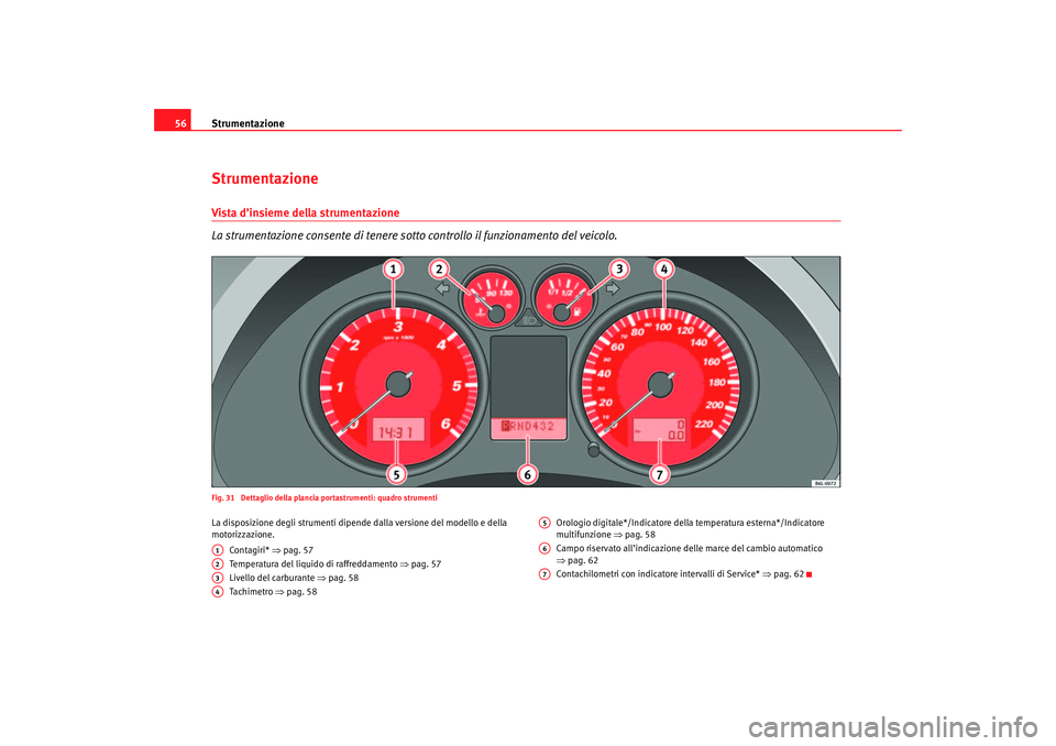 Seat Cordoba 2007  Manuale del proprietario (in Italian) Strumentazione
56StrumentazioneVista d’insieme della strumentazione
La strumentazione consente di tenere so tto controllo il funzionamento del veicolo.Fig. 31  Dettaglio della plancia portastrumenti