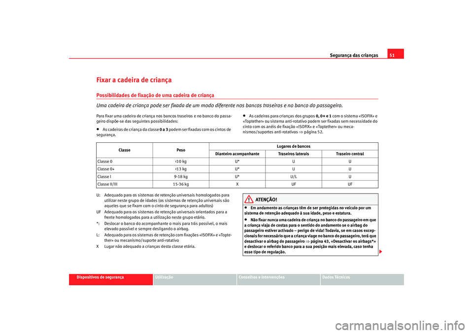 Seat Cordoba 2007 Manual do proprietário (in Portuguese) Segurança das crianças51
Dispositivos de segurança
Utilização
Conselhos e Intervenções
Dados Técnicos
Fixar a cadeira de criançaPossibilidades de fixação de uma cadeira de criança
Uma cade Seat Cordoba 2007 Manual do proprietário (in Portuguese) Segurança das crianças51
Dispositivos de segurança
Utilização
Conselhos e Intervenções
Dados Técnicos
Fixar a cadeira de criançaPossibilidades de fixação de uma cadeira de criança
Uma cade