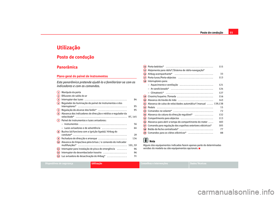 Seat Cordoba 2007 Manual do proprietário (in Portuguese) Posto de condução55
Dispositivos de segurança
Utilização
Conselhos e Intervenções
Dados Técnicos
UtilizaçãoPosto de conduçãoPanorâmicaPlano geral do painel de instrumentos
Esta panorâmic Seat Cordoba 2007 Manual do proprietário (in Portuguese) Posto de condução55
Dispositivos de segurança
Utilização
Conselhos e Intervenções
Dados Técnicos
UtilizaçãoPosto de conduçãoPanorâmicaPlano geral do painel de instrumentos
Esta panorâmic
