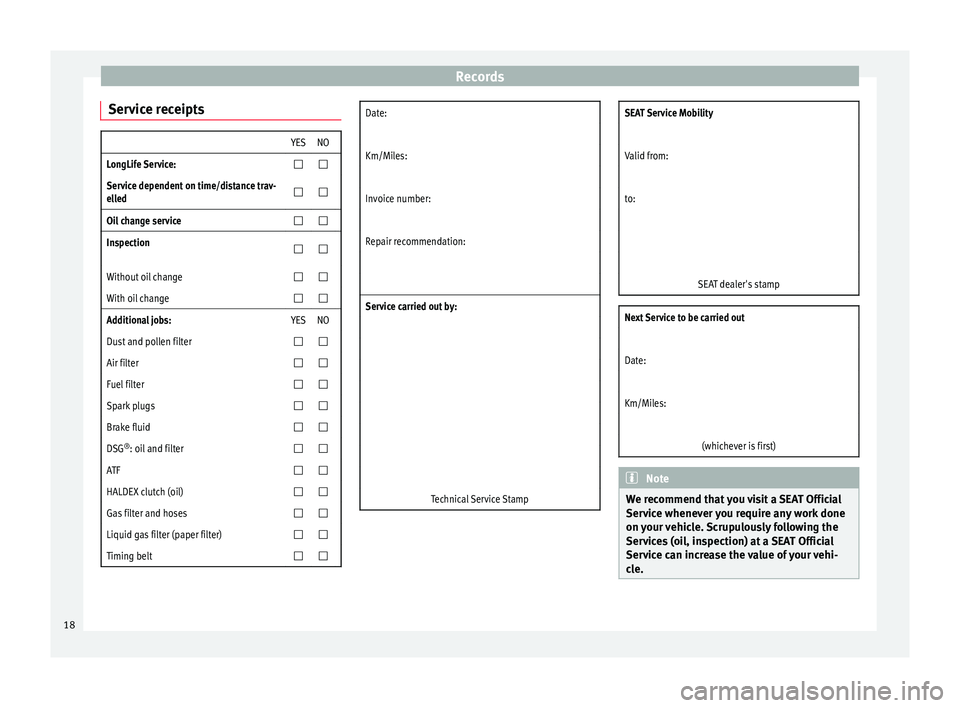 Seat Leon 5D 2017  Maintenance programme Records
Service receipts  YESNO 
LongLife Service:
  
Service dependent on time/distance trav-
elled
  
Oil change service
  
Inspection
 
  
Without oil change
  
With o