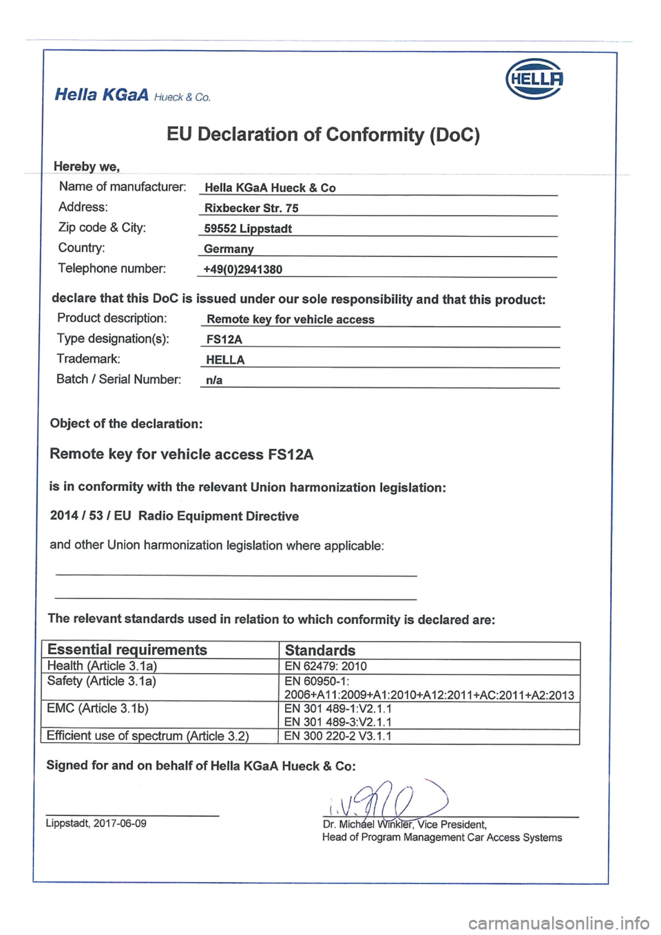 Seat Leon 5D 2017  Directive 2014/53/EU Remote control key 