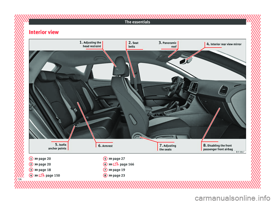 Seat Leon SC 2017 User Guide The essentials
Interior view ›››
page 20
› ›
› page 20
››› page 18
››› page 150
1 2
3
4 ›››
page 27
› ›
› page 166
››› page 19
››› page 23 Seat Leon SC 2017 User Guide The essentials
Interior view ›››
page 20
› ›
› page 20
››› page 18
››› page 150
1 2
3
4 ›››
page 27
› ›
› page 166
››› page 19
››› page 23