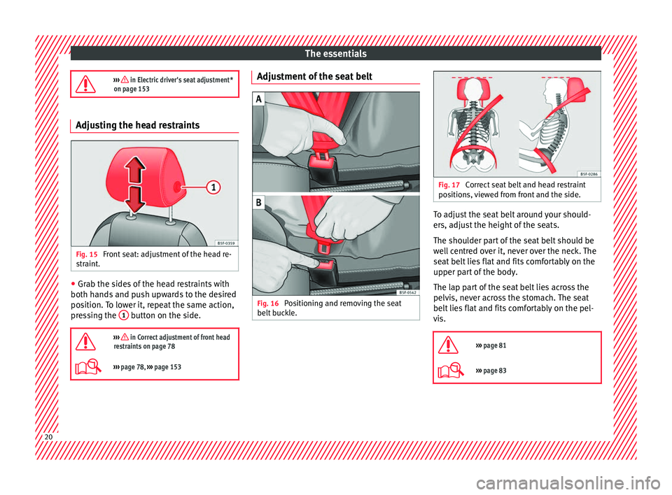 Seat Leon SC 2017  Owners manual The essentials
›››  in Electric driver's seat adjustment*
on page 153 Adjusting the head restraints
Fig. 15 
Front seat: adjustment of the head re-
s tr
aint

. ●
Grab the sides of the 