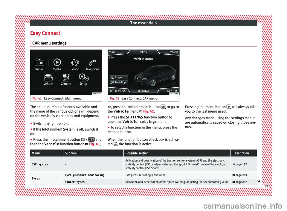 Seat Leon SC 2017 Owners manual The essentials
Easy Connect CAR menu settin g
s Fig. 41
Easy Connect: Main menu. Fig. 42
Easy Connect: CAR menu. The actual number of menus available and
the n
ame of
the v
arious options will depe Seat Leon SC 2017 Owners manual The essentials
Easy Connect CAR menu settin g
s Fig. 41
Easy Connect: Main menu. Fig. 42
Easy Connect: CAR menu. The actual number of menus available and
the n
ame of
the v
arious options will depe