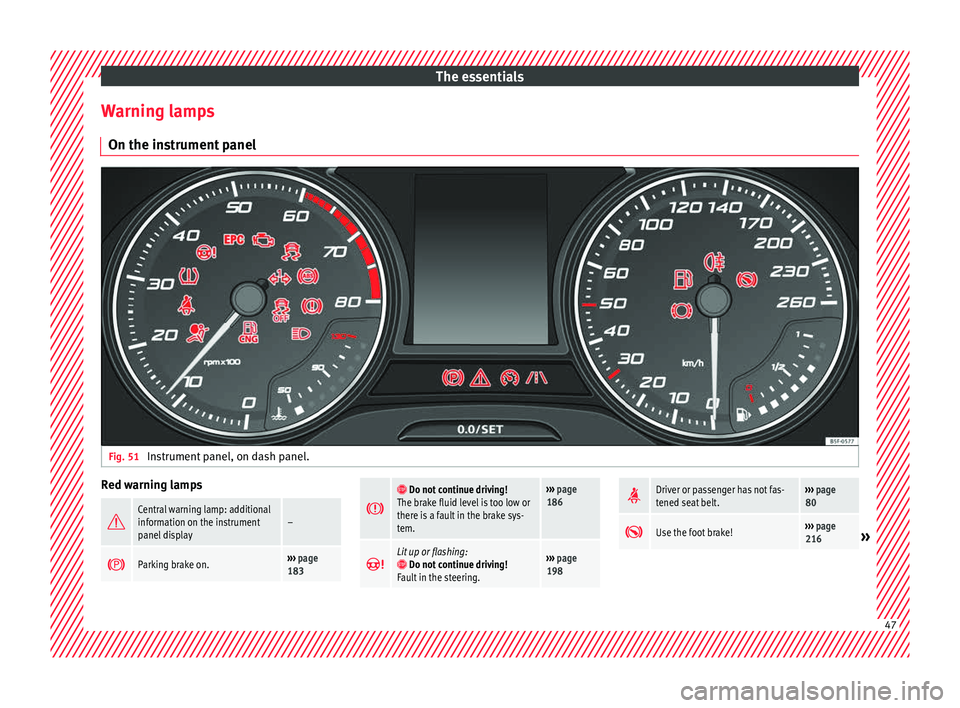 Seat Leon SC 2017 User Guide The essentials
Warning lamps On the in s
trument
panelFig. 51
Instrument panel, on dash panel. Red warning lamps
Central warning lamp: additional
information on the instrument
panel display–
Seat Leon SC 2017 User Guide The essentials
Warning lamps On the in s
trument
panelFig. 51
Instrument panel, on dash panel. Red warning lamps
Central warning lamp: additional
information on the instrument
panel display–