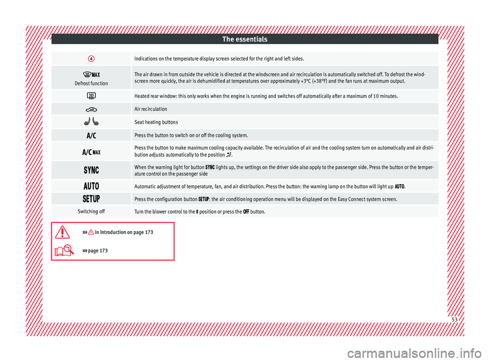 Seat Leon SC 2017  Owners manual The essentials4Indications on the temperature display screen selected for the right and left sides.


Defrost functionThe air drawn in from outside the vehicle is directed at the windscree