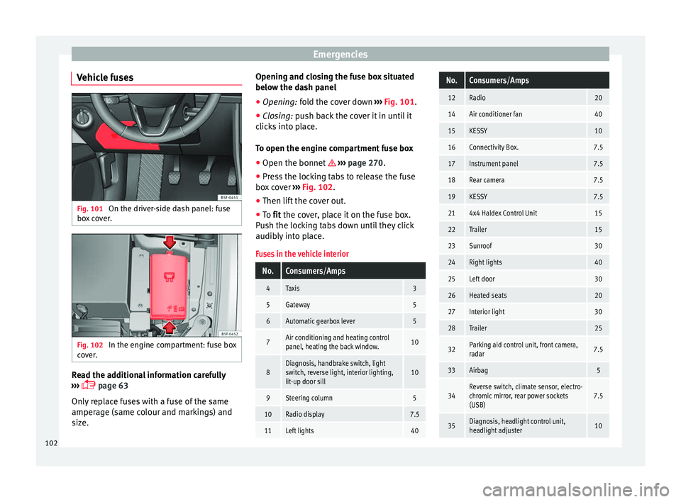 Seat Leon Sportstourer 2017 Owners manual Emergencies
Vehicle fuses Fig. 101
On the driver-side dash panel: fuse
bo x
c
over. Fig. 102
In the engine compartment: fuse box
c o
v
er. Read the additional information carefully
› ›
›
Seat Leon Sportstourer 2017 Owners manual Emergencies
Vehicle fuses Fig. 101
On the driver-side dash panel: fuse
bo x
c
over. Fig. 102
In the engine compartment: fuse box
c o
v
er. Read the additional information carefully
› ›
›