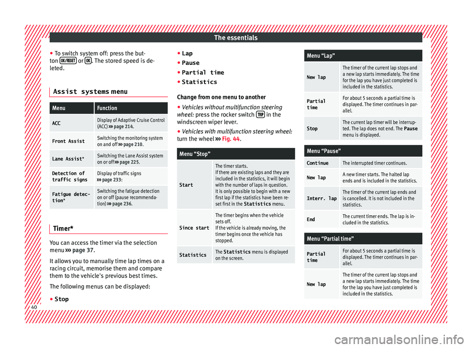 Seat Leon Sportstourer 2017 Service Manual The essentials
● To sw
it
ch system off: press the but-
ton    or 
 . The stored speed is de-
l et
ed.
Assist systems  menu
MenuFunction
ACCDisplay of Adaptive Cruise C