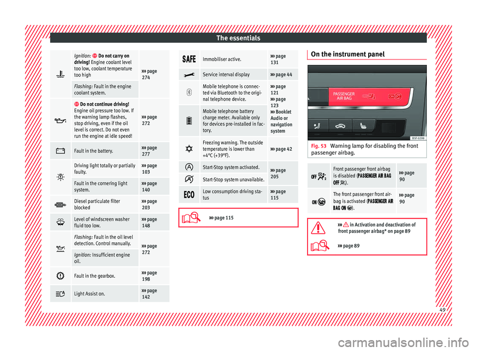 Seat Leon Sportstourer 2017 Workshop Manual The essentials
Ignition:  Do not carry on
driving! Engine coolant level
too low, coolant temperature
too high
›››  page 
274
Flashing: Fault in the engine
coolant system.  
 Do not c