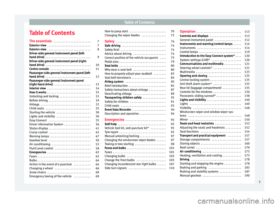 Seat Leon Sportstourer 2017  Owners manual Table of Contents
Table of Contents
The e s
senti
als . . . . . . . . . . . . . . . . . . . . . . . . 7
Exterior view  . . . . . . . . . . . . . . . . . . . . . . . . . . . . 7
Exterior view  . . . . 