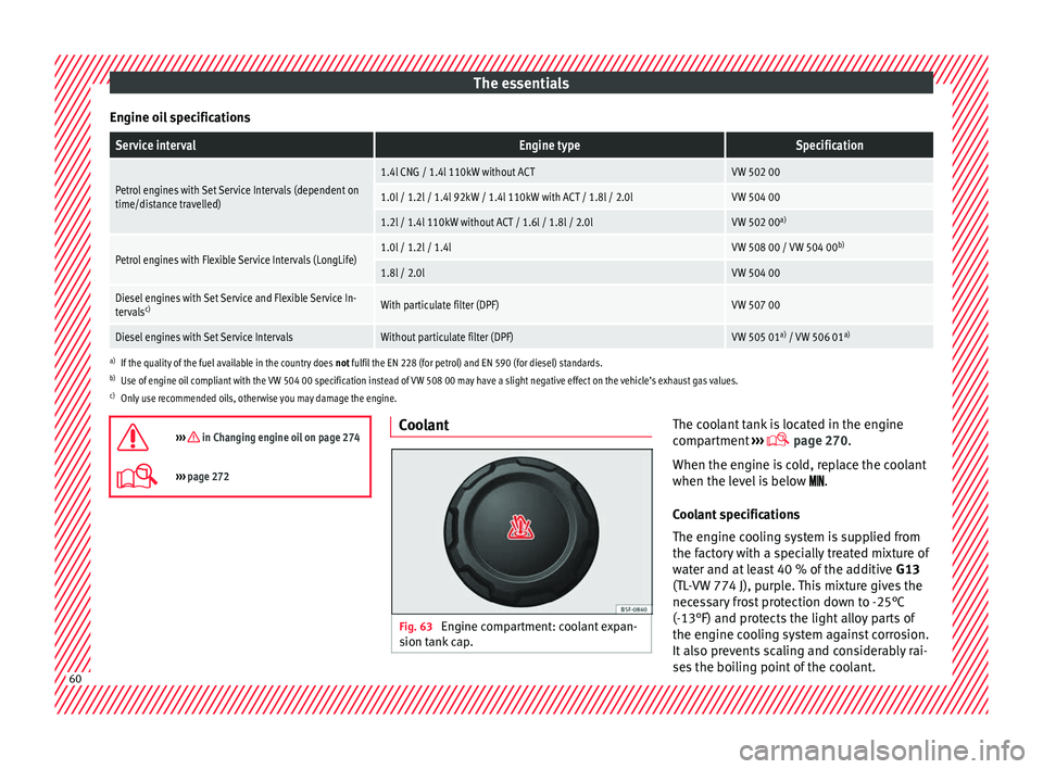Seat Leon Sportstourer 2017 Repair Manual The essentials
Engine oil specificationsService intervalEngine typeSpecification
Petrol engines with Set Service Intervals (dependent on
time/distance travelled)1.4l CNG / 1.4l 110kW without ACTVW 502 Seat Leon Sportstourer 2017 Repair Manual The essentials
Engine oil specificationsService intervalEngine typeSpecification
Petrol engines with Set Service Intervals (dependent on
time/distance travelled)1.4l CNG / 1.4l 110kW without ACTVW 502