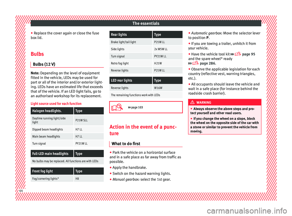 Seat Leon Sportstourer 2017 Owners manual The essentials
● Rep
l
ace the cover again or close the fuse
box lid.
Bulbs Bul
bs (12 V) Note: Depending on the level of equipment
fitt
ed in the
vehicle, LEDs may be used for
part or all of the Seat Leon Sportstourer 2017 Owners manual The essentials
● Rep
l
ace the cover again or close the fuse
box lid.
Bulbs Bul
bs (12 V) Note: Depending on the level of equipment
fitt
ed in the
vehicle, LEDs may be used for
part or all of the